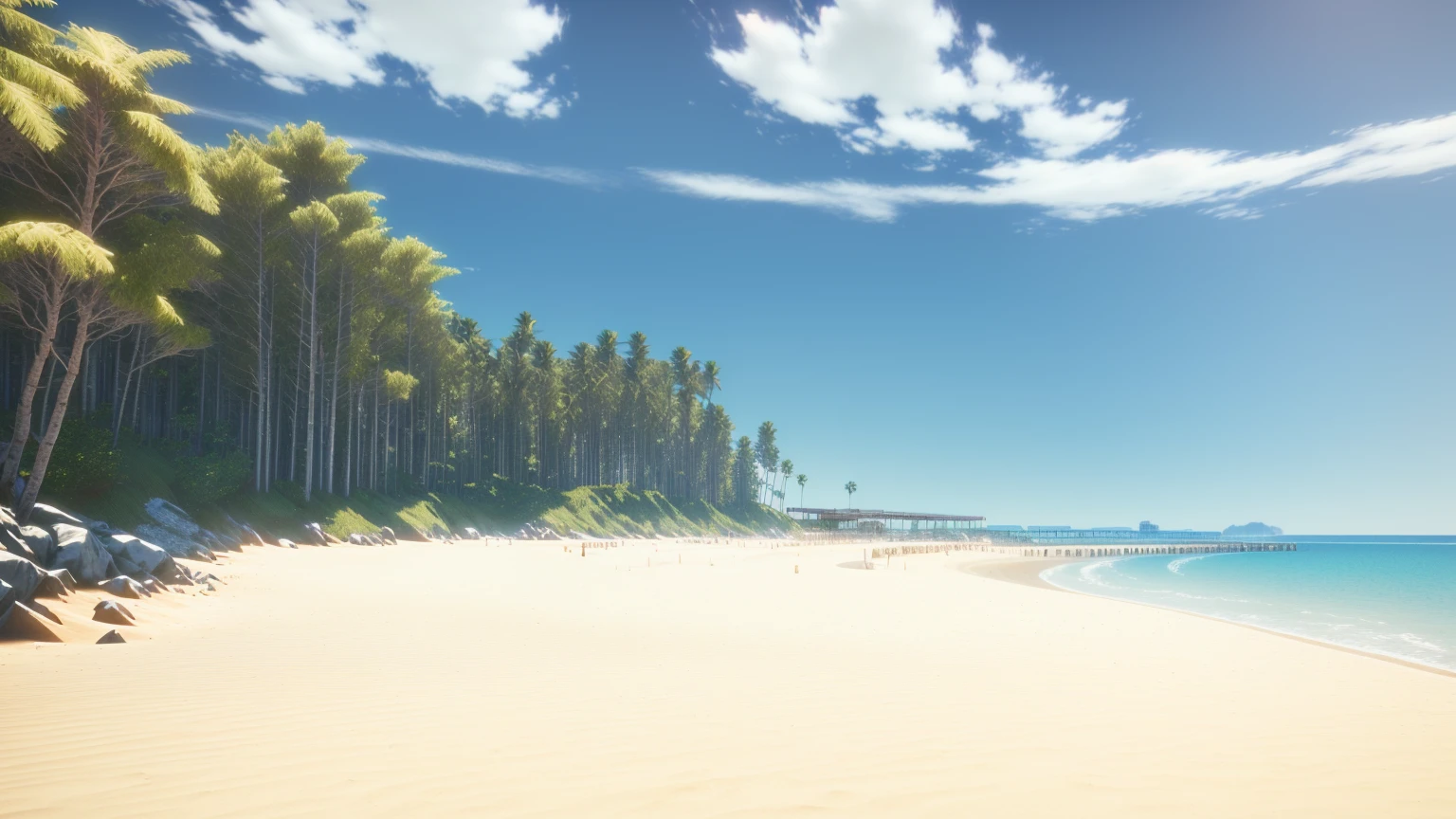 Pier and trees々のあるBeachの写真があります, Sandy Beach, Unity 3Dでレンダリング, 風の強いBeach, 手前のBeach, Beach, ( ( 3D Rendering ) ), A very distant forest, ( ( ( ( 3D Rendering ) ) ) ), Video game stills, Beachの風景, Detailed wide shot, Ghibli Screenshots, 背景のBeachの木々