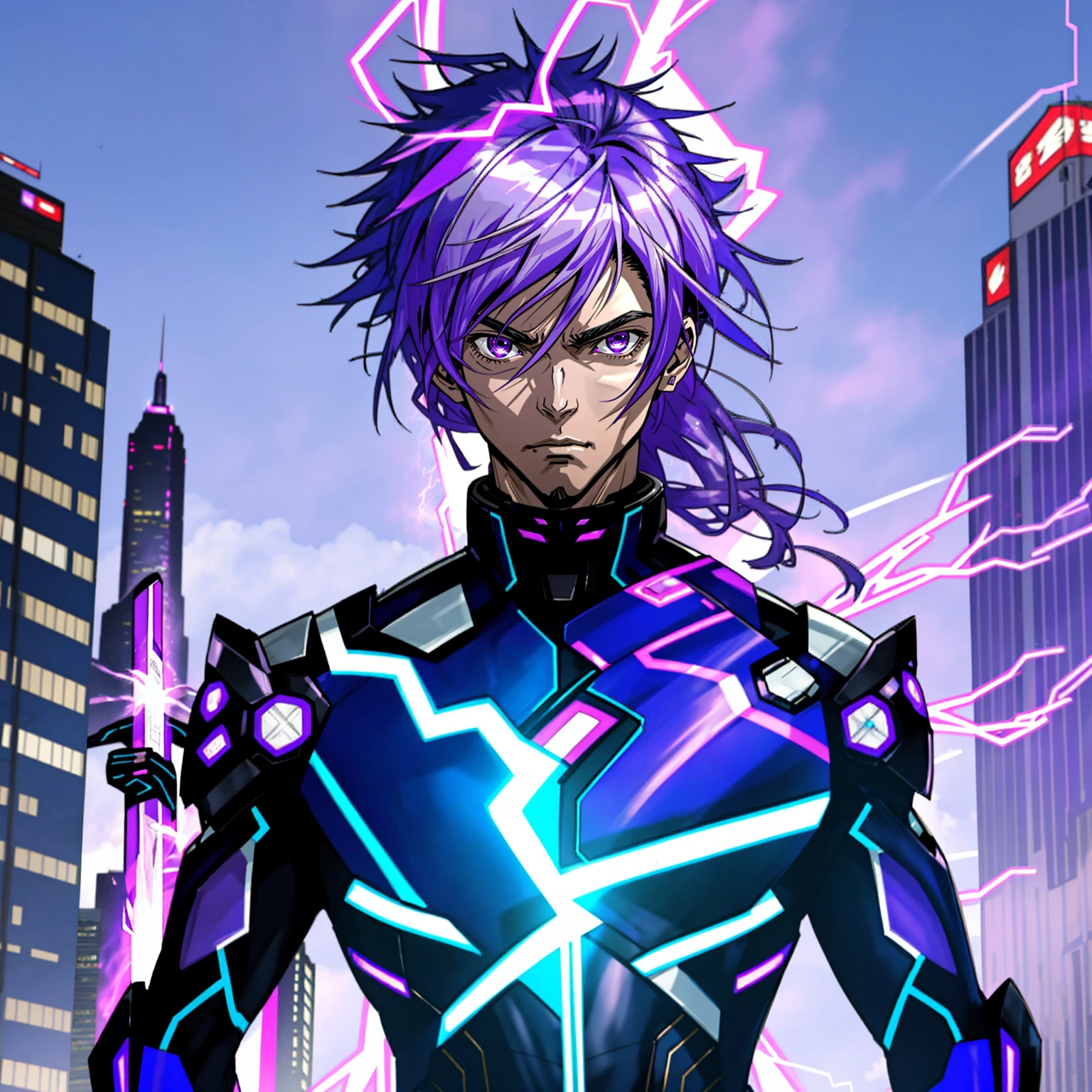 8k anime, ultra-high quality, perfectres, super hero, 25 year old boy, purple and black lightning suit, purple lightning powers, messy silver hair, purple eyes, light skintone, mature, mature features, dark city background, purple lightning sword, comic artstyle