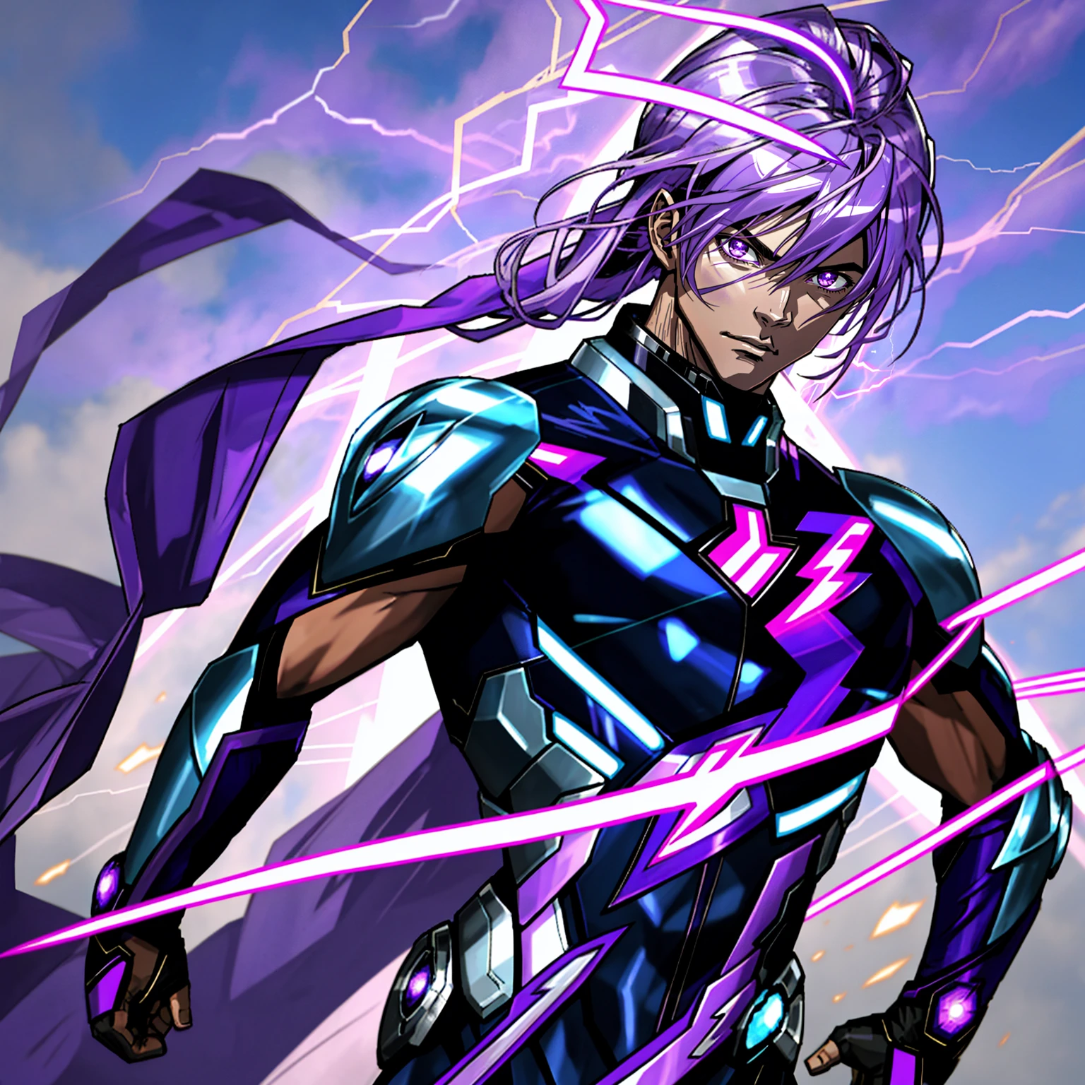 8k anime, ultra-high quality, perfectres, super hero, 25 year old boy, purple and black lightning suit, purple lightning powers, messy silver hair, purple eyes, light skintone, mature, mature facial features, dark city background, purple lightning sword, comic artstyle