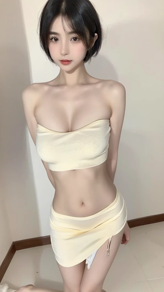 Beautiful woman with perfect body：1.4，Layered Hairstyle，Exposing the entire tender and huge breasts：1.2，Bandeau：1.5，Highly detailed face and skin textures，Narrow eyes，Double eyelids，Skin Whitening，Short hair details，Full body female love