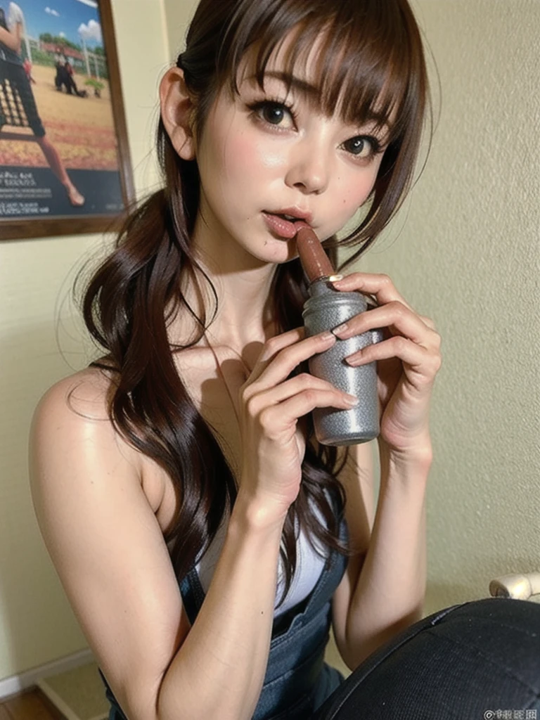 ((Browsing Caution)),((Naked festival)), (masterpiece: 1.2, Highest quality),White skin、((Holding and sucking a big dick))、((Flat Chest))、Side close-up、Close-up of an 18 year old woman、Top view、There's a lot of white slime on my face、Looking at the camera with a happy look、Drooling、Watery eye、Sticking a penis deep down her throat、Close-up of mouth