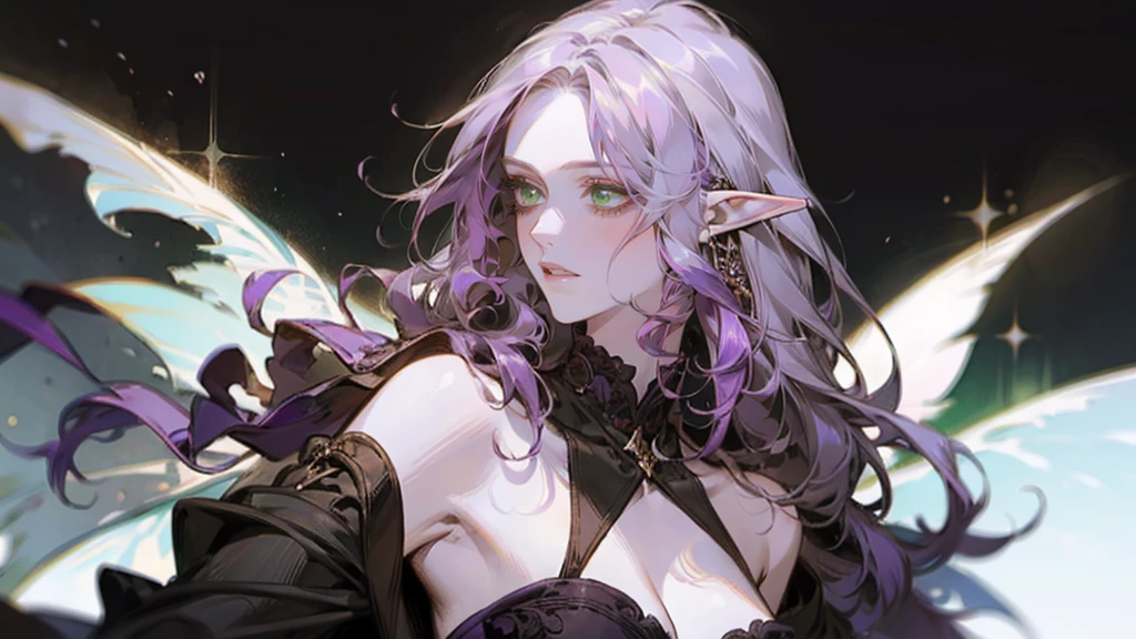 A beautiful, elegant girl with purple hair, green eyes and pale skin. Her hair is long and curly, she has two pretty tufts on the sides. She is an elf girl. elf ears. (she smiles:1.2). black background.