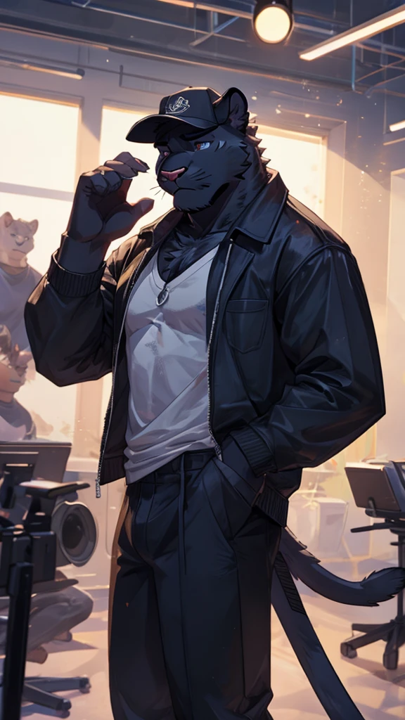 A male furry Panther is in the middle of a studio, exhausted from dance practice, wearing a cap and an open black jacket showing his chest.