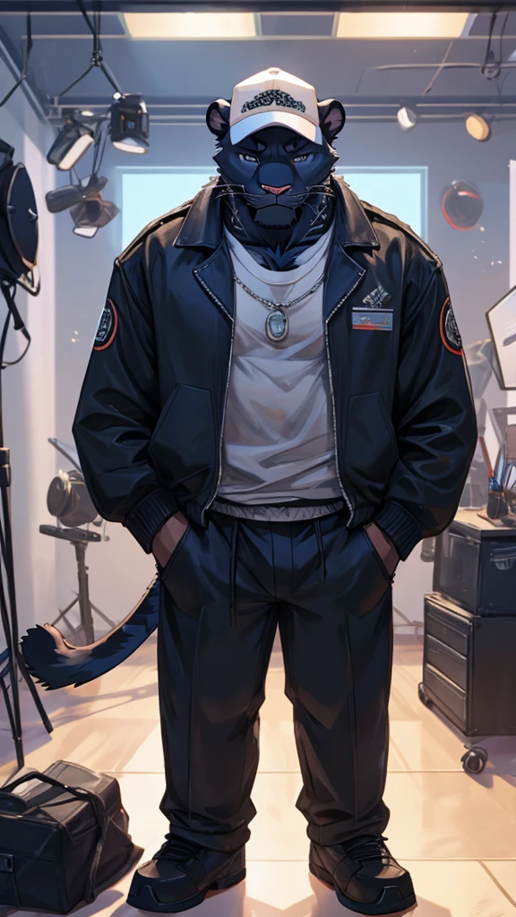 A male furry Panther is in the middle of a studio, exhausted from dance practice, wearing a cap and an open black jacket showing his chest. 