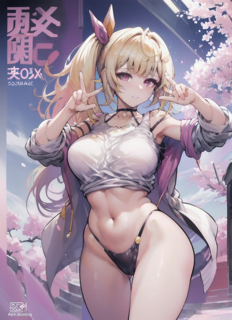 masterpiece, Highest quality, whole body, One girl, bangs, black choker, blush, bracelet, chest, choker, clothes The surrounding area waist, clavicle, Cowboy Shot, ear Earrings, Eyebrows visible through hair, Gradient Hair, Grin, fix, jewelry, Kogal, Long Hair, View Viewer, Earrings, Red eyes, ring, , smile, alone, street, null, cherry blossoms, petal,figure, (magazine:1.3), (cover-style:1.3), fashionable, woman, Vibrant, Pause, front, colorful, dynamic, background, element, have confidence, Performance, Holding, statement, accessories, Majestic, Coiled, The surrounding area, touch, scene, article, cover, bold, to attract attention, title, stylish, font, Catchy, Heading, big, impressive, Modern, trend, concentrated, fashion,((masterpiece)), Highest quality, Absurd, Super detailed, Holographic, Cowboy Shot, ダイナミックなPause, Golden Ratio, Very cute girl, Mature Girls, Very beautiful, Super beautiful asian girl with super beautiful purple eyes, Very beautiful white hair, Shiny skin, High Ponytail, nice and sexy body, Slim and delicate body, Perfect body, Cute Panties, Fox Headset, Get your picture taken in a cute alien spaceship,naked,Big Breasts,Sexy