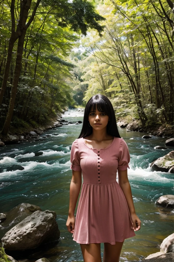 Adolescente mujer sentada con el cabello largo y negro, con un vestido rosado, con cara redonda, ojos grandes, contextura grande, in a river full of trees and natural 