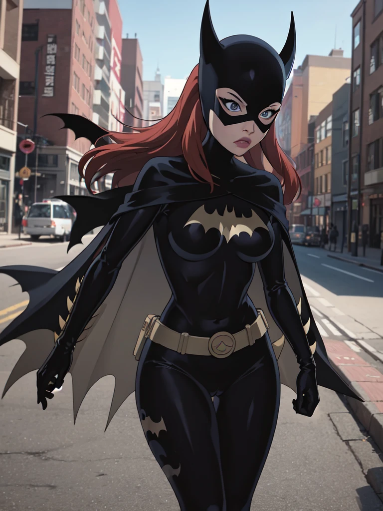 Tits, naked, pussy, masterpiece, best quality, 1girl, solo, highres, scenery,
CARTOON_batgirl_ownwaifu,www.ownwaifu.com,mask,long hair,blue eyes,bodysuit,breasts,cape,domino mask,belt,medium breasts,superhero,gloves,lips,black bodysuit,helmet,belt buckle,horns,bat_print,pouch,