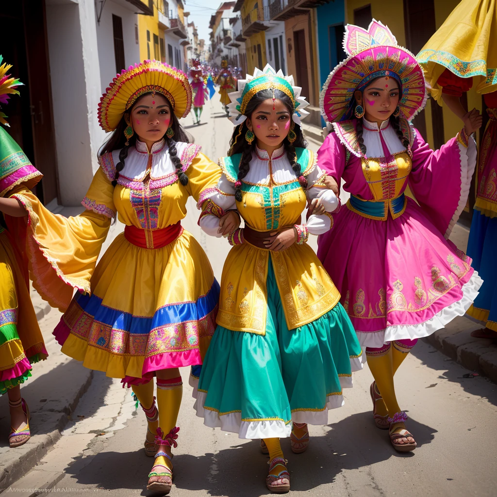 araffes in colorful costumes walking down a street with a crowd, carnaval de barranquilla, bolivian cholitas, floats carnival, elaborately costumed, carneval, wearing an ornate outfit, elaborate costume, festival of rich colors, traditional costume, exotic costumes, folklorico, inca style, danza azteca dancers