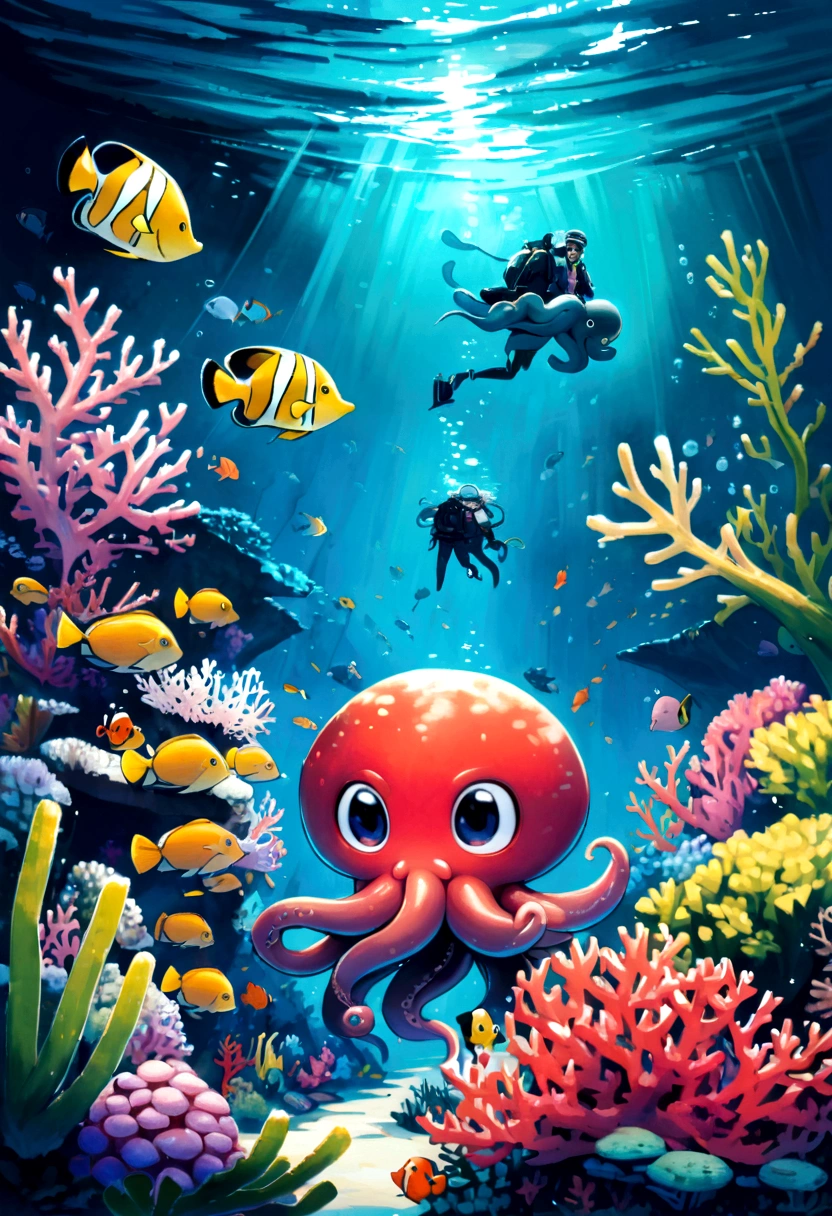 progressive covers album, oil painting of a curious underwater octopus habitat and its mysterious allure, coral, mago