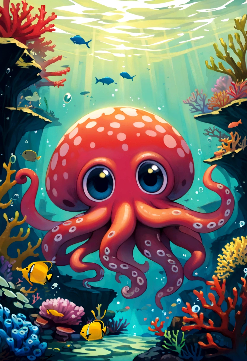 progressive covers album, oil painting of a curious underwater octopus habitat and its mysterious allure, coral, mago