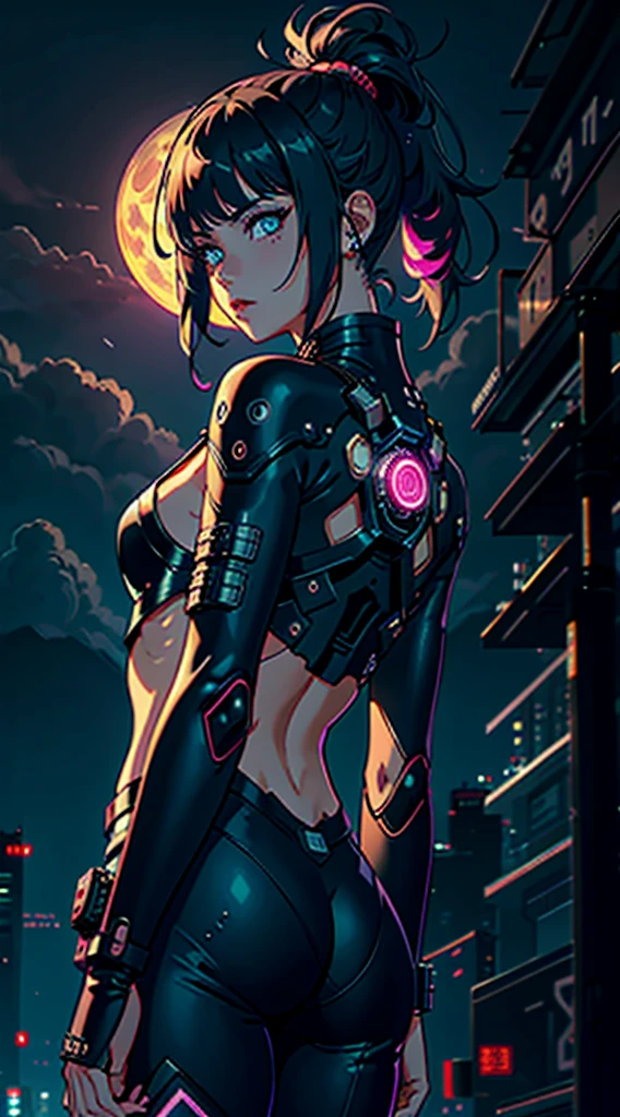 1girl, solo, girl, futuristic outfit, neon samurai, very beautiful cyberpunk samurai, cyberpunk samurai, ghost blade style, cyberpunk victo ngai style, cyberpunk neon style, cyberpunc, cyberpunk neon, technomancer, video game character, synthwave image, cyberpunk, concept art neon glow, moon, lantern, night, solo, outdoor, sky, full moon, rain, mountain, cloud, paper lantern, night sky, fringe, tree, reflection, cloudy sky, {{(masterpiece),(extremely detailed CG unity 8k wallpaper),best quality,solo,cinematic lighting,detailed background,beautiful detailed eyes,bright pupils,(an extremely delicate and beautiful),(beautiful and detailed eye description),ultra-detailed,masterpiece,}}, detailed eyes, beautiful eyes, realistic eyes, beautiful eyes, perfect eyes, back view