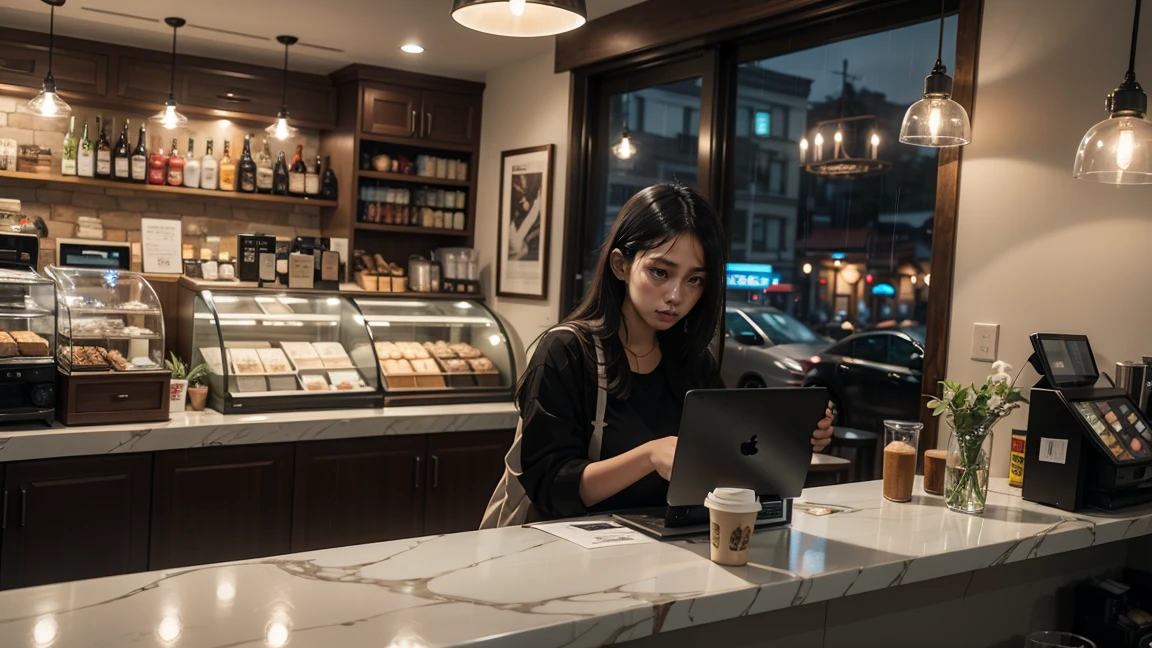coffee shop interior with a window at night raining outside, theres a cashier watching at the window