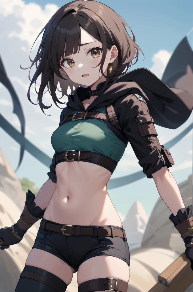 extremely detailed, anime,
(Ellen 18-years-old, short dark layered hair, Brown-eyed, small breast:1.0),
Fantasy rogue outfit, rogue hood, groin