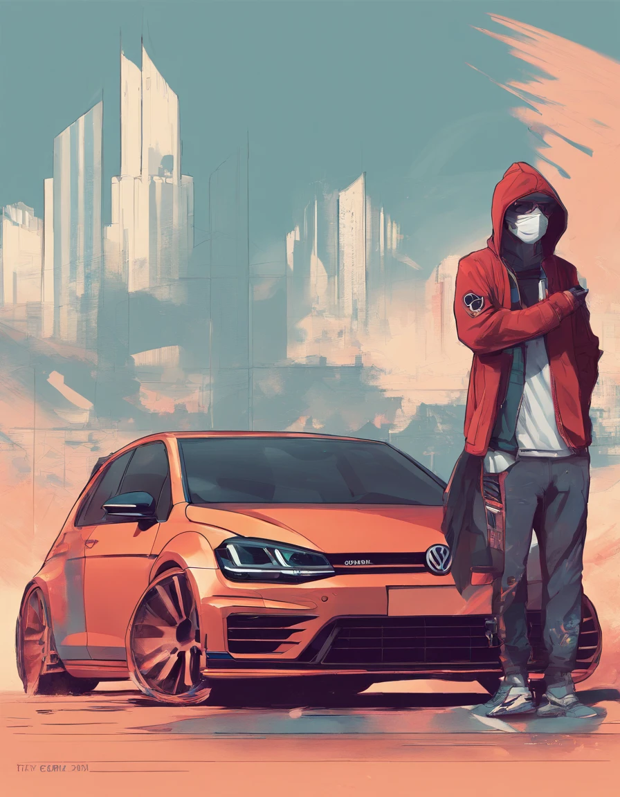 Guy wearing hoodie and mask stand beside volkswagen golf r 2024