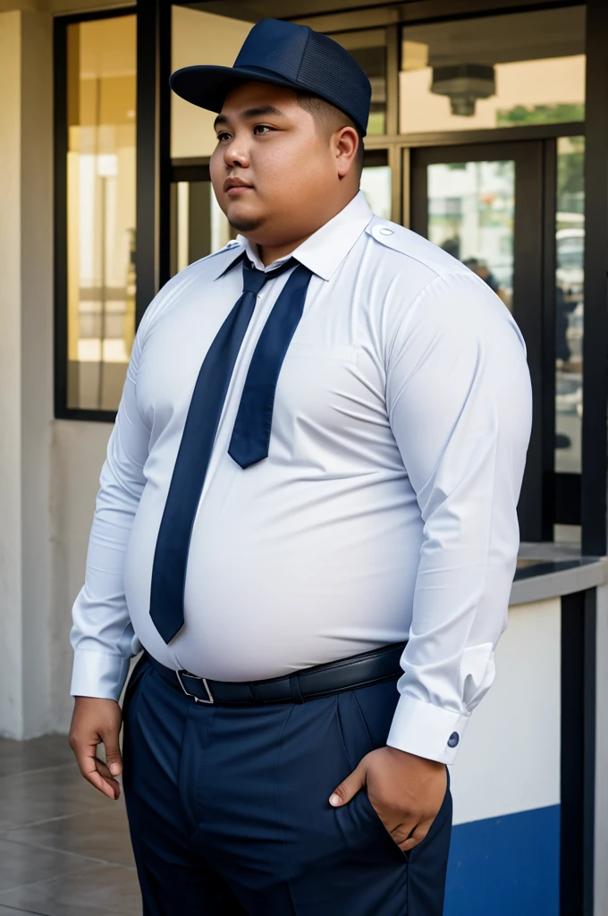 a Filipino Obese Security guard with Big Belly wearing a security guard hat had tan skin Wearing long sleeve shirt with tie and navy blue pants holding his big belly