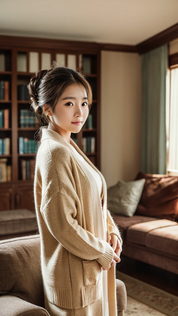 a young Korean housewife in a cardigan, dress, large hair bun, standing in living room, face to viewer, shy pose, serene expression, cute face, detailed face, detailed clothing, detailed background, natural lighting, warm colors, beautiful scenery, intricate details, highly detailed, photorealistic, 8k, ((masterpiece)), cinematic style, portrait