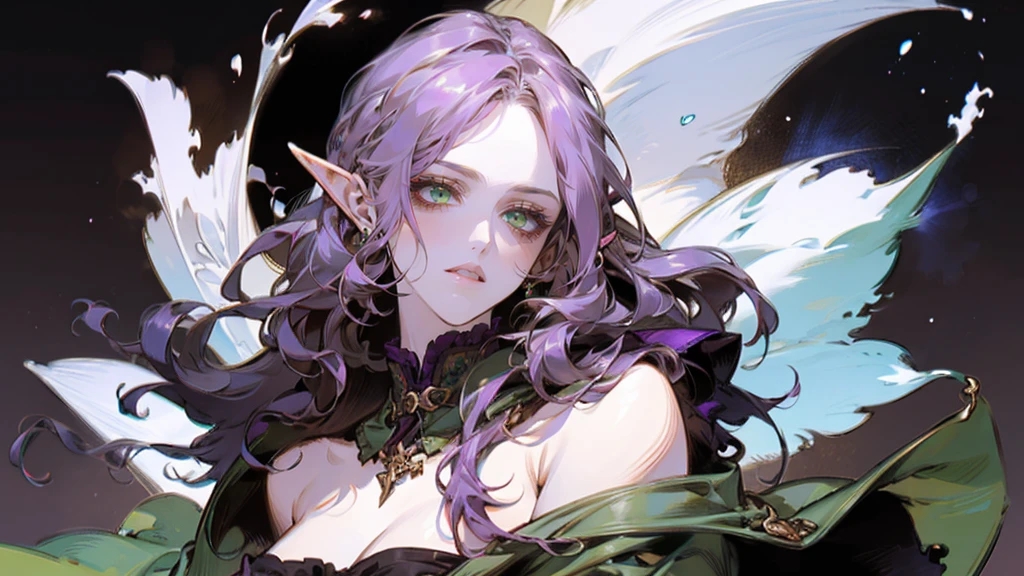 A beautiful, elegant girl with purple hair, green eyes and pale skin. Her hair is long and curly, she has two pretty tufts on the sides. She is an elf girl. elf ears. (she smiles:1.2). black background.