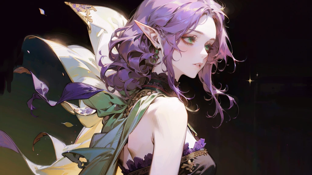 A beautiful, elegant girl with purple hair, green eyes and pale skin. Her hair is long and curly, she has two pretty tufts on the sides. She is an elf girl. elf ears. (she smiles:1.2). black background.