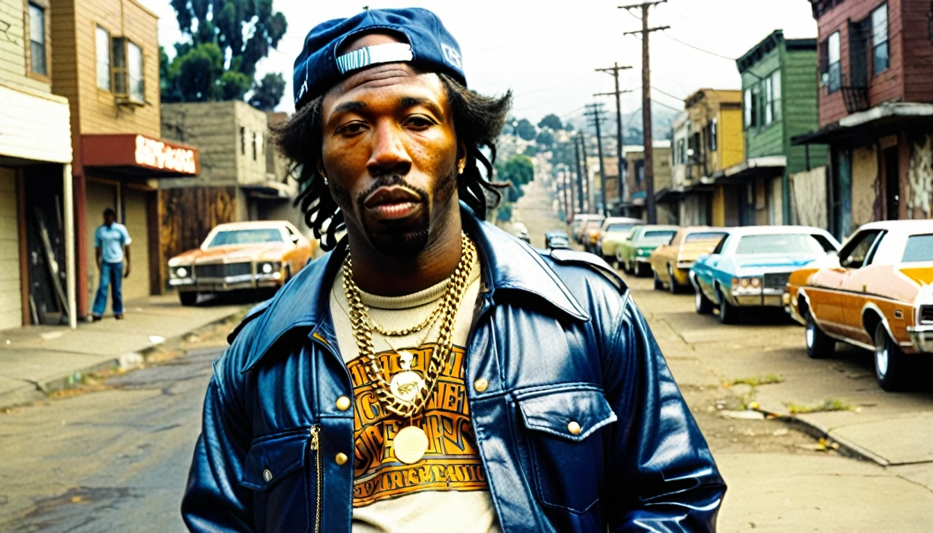 1970s photo of "MC Eiht" wearing 1970s attire, he is in the ghetto, atmospheric perspective,