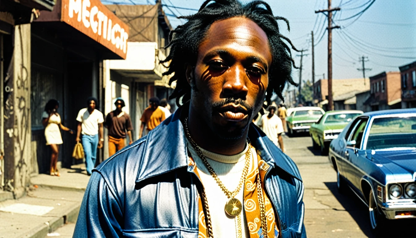 1970s photo of "MC Eiht" wearing 1970s attire, he is in the ghetto, atmospheric perspective,