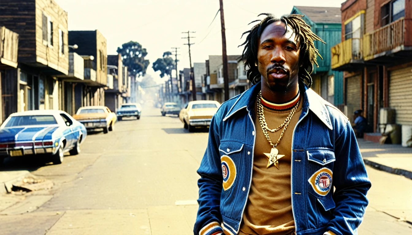 1970s photo of "MC Eiht" wearing 1970s attire, he is in the ghetto, atmospheric perspective, 