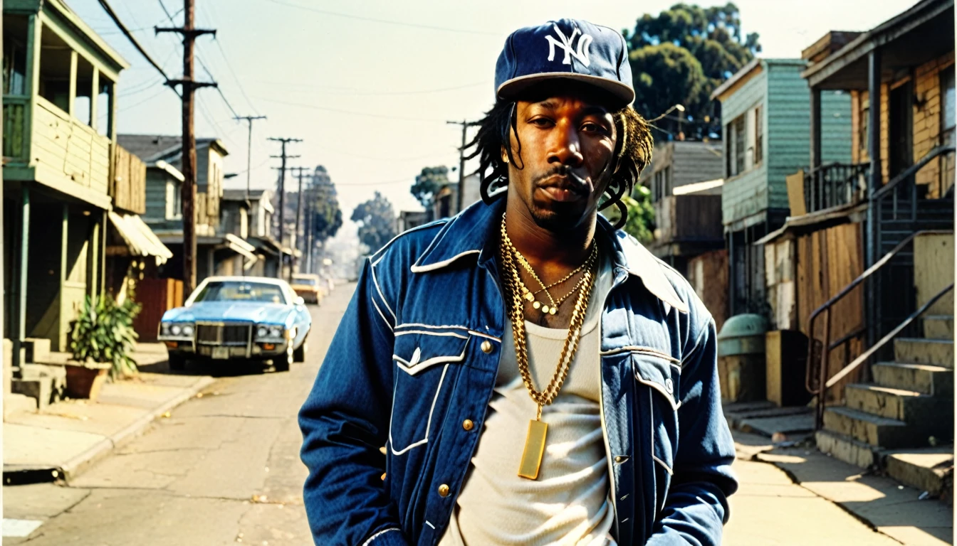1970s photo of "MC Eiht" wearing 1970s attire, he is in the ghetto, atmospheric perspective, 