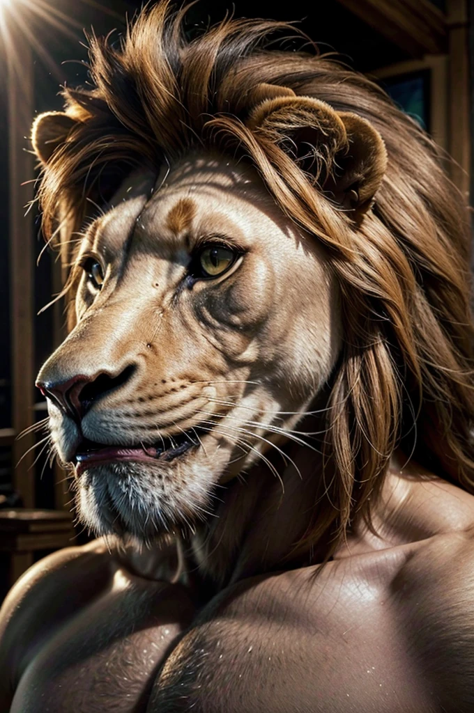 muscular lion, giant muscular lion, lion with gigantic biceps, big pecs, fairytale style, fantasy animal, (best quality,4k,8k,highres,masterpiece:1.2),ultra-detailed,(realistic,photorealistic,photo-realistic:1.37),extremely detailed musculature, extremely detailed facial features, beautiful detailed eyes, beautiful detailed nose, beautiful detailed mouth, intricate details, cinematic lighting, dramatic lighting, vibrant colors, cinematic composition, epic scale