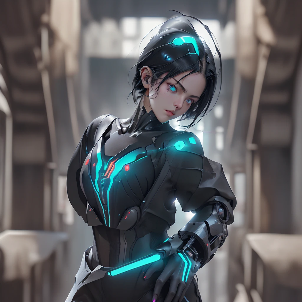 1girl, short black hair, blue eyes, sexy slim body, algo parecido a daftpunk, muy intrincado, Small LED details, Advanced technology closed helmet, ambiente oscuro, dramatico, luz y sombra, ((Kinematic, Black neon,)) action film, nitidez, neon-noir ciudad moderna, street neon lights, calle oscura, noche, foto de Insta, Photo of the Year, Epic resolution, Epic Quality, Epic sharpness, Intrincada epopeya,urban techwear,Reelmech, beautiful woman in cybernetic suit ,(close up)