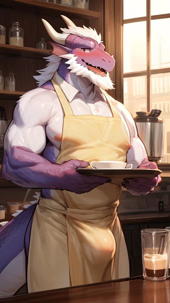 (Best quality: 1.0), (Super High Resolution: 1.0), (masterpiece, best quality:1.2), detailed, detailed hands, detailed eyes, score_9, score_8_up, score_7_up, furry, anthro, ((dragon)), ((solo)), grandpa, (about 70 years old), (manly), horns, handsome face, huge, bangs, white beard, beard above mouth, fluffly fur, nipples, looking pleasured, sexually, sexy pose, SFW, coffee shop, (apron), nude, bulge, flaccid, in heat, panting, sweat, sweaty, musk, (skinny, shy), hands touching, (looking at viewer, shy), blushes:0.3, close up view, (by bebebebebe, by syuro)