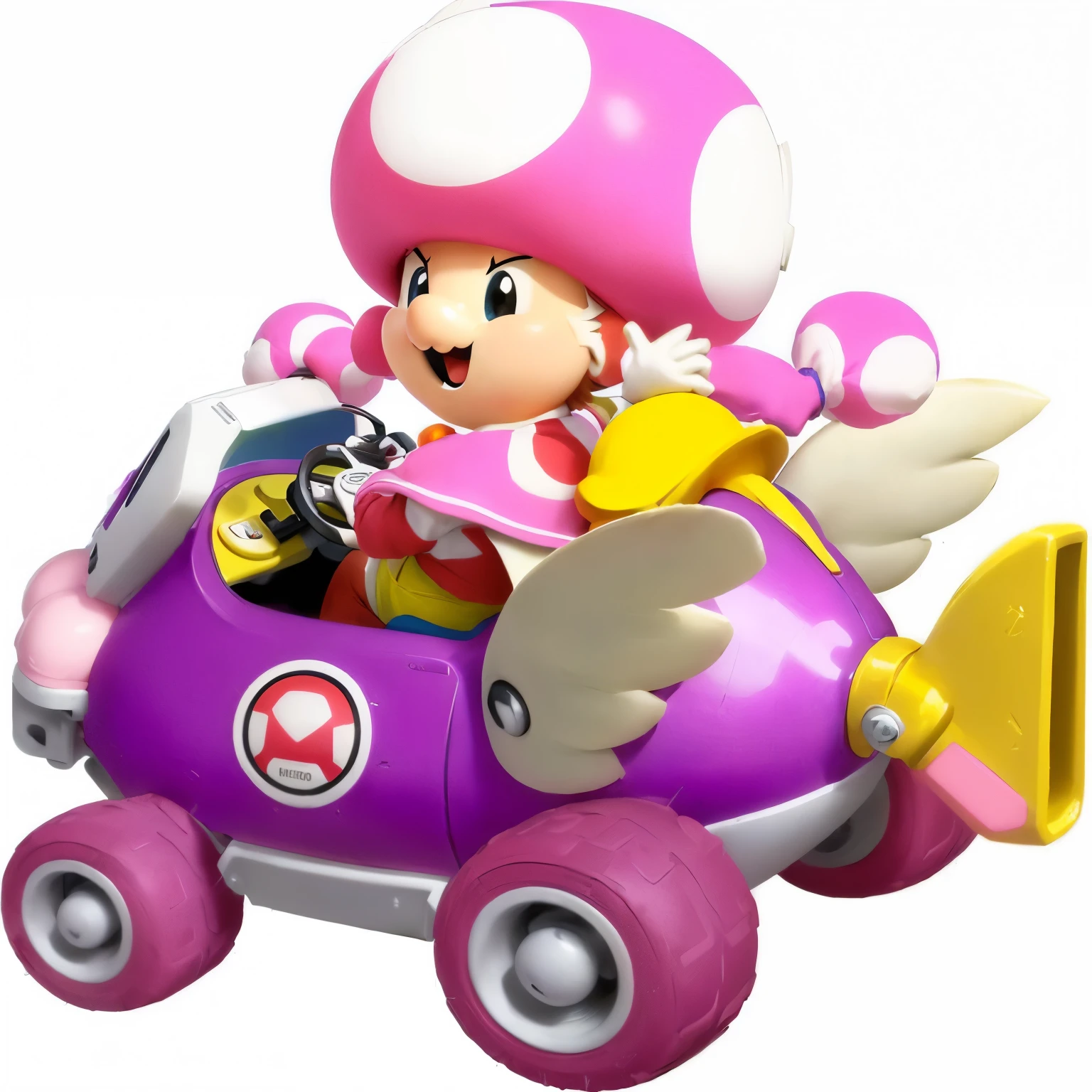 un primer plano de una persona enojada apuntando con una pistola en un auto rosa y blanco, pink iconic character, mario kart, sapo, mario, Nintendo, with a lindo sapo, lindo:2, official illustration, derpibooru, Arte oficial, “high quality image”, Akihiko Yoshida, mario cart, :3, inspirado en Luigi Kasimir, personaje de videojuego, reino de los hongos