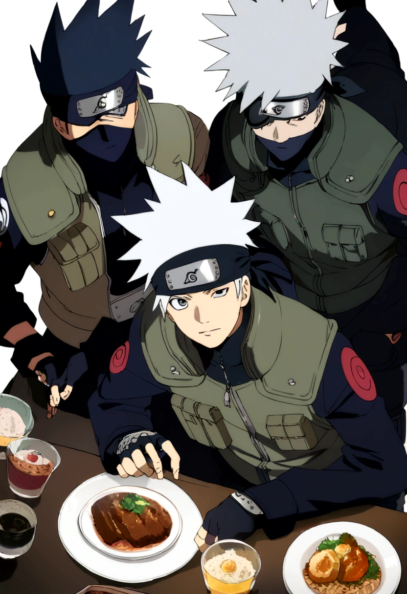 score_9, score_8_up, source_anime, 1boy, Hatake Kakashi, "NARUTO", (forehead protector cover one eye), (Eye Patch, eye mask), konohagakure symbol, detailedhaving a themed dinner night, white hair, jacket, black gloves, fingerless gloves, vest, long sleeves, spiked hair, ninja, art by fumihiko (fu mihi ko) and kairunoburogu, solo, male focus, anime screenshot, anime screencap, anime coloring, dramatic composition, cinematic lighting, (masterpiece, best quality, Professional, perfect composition, very aesthetic, absurdres, ultra-detailed, intricate details:1.3)