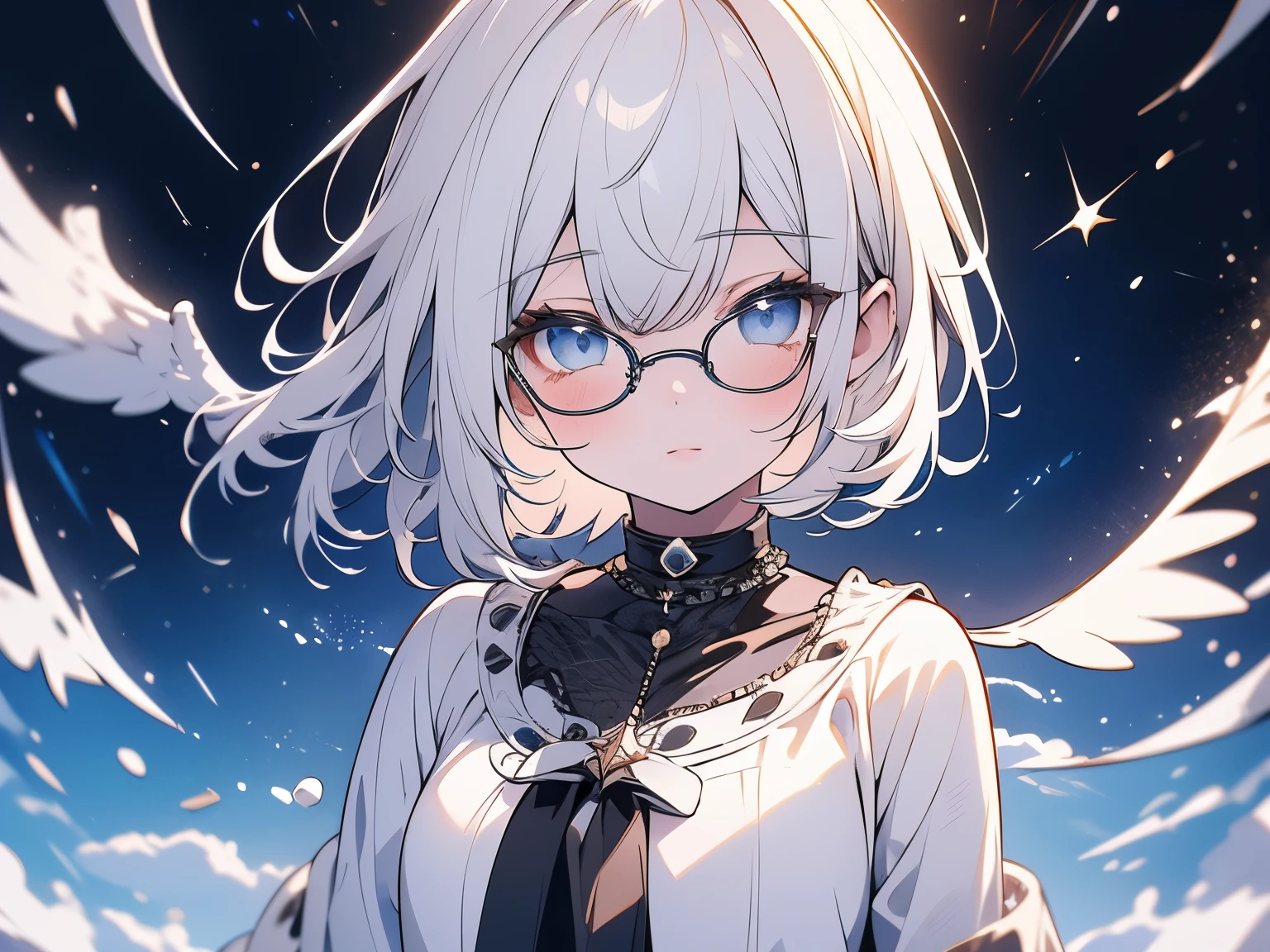 Obra maestra, ultradetalle, 1 chica,pelo blanco, blue eyes, lentes, senos grandes, pelo corto, sueter negro, noche estrellada, cinematic angle, cuerpo completo