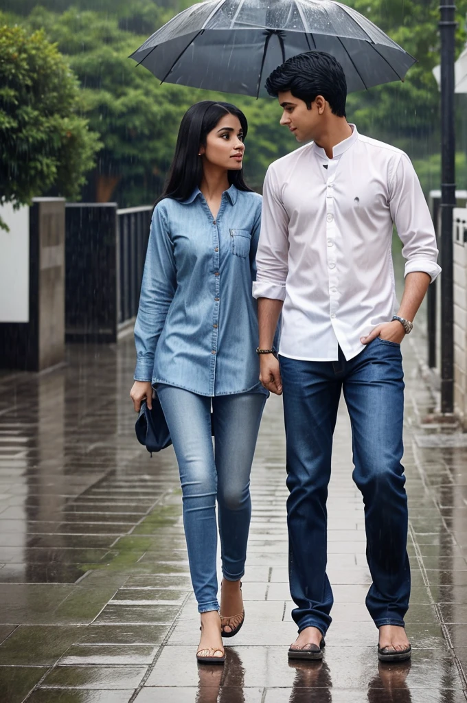 A girl and a boy walking in the heavy rain with umbrella. The boy wears a jeans and shirt. The girls wears a kurta. Both of them a looking each other very romantically.