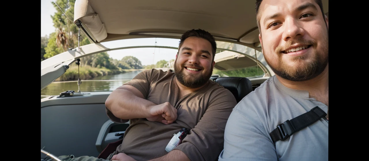 Two brothers going to fishing, fat, bearded, smile, meme