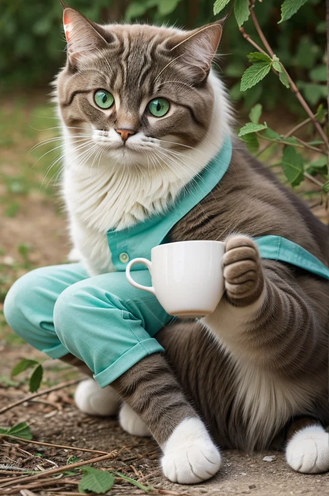 Un gato Ragdoll, Una camisa de tela de color blaco al igual que su pelaje color nieve, pantalones cortos, He is sitting drinking mint tea, mientras sonrie ligeramente.