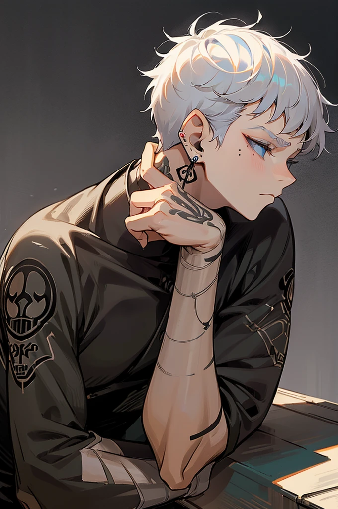 masterpice,solo, short hair, blue eyes, shirt, long sleeves, 1boy, jewelry, sitting, closed mouth, upper body, white hair, grey hair, male focus, earrings, from side, black shirt, tattoo, profile, makeup, looking down, black background, sleeves rolled up, eyeshadow, head rest, arm tattoo, neck tattoo