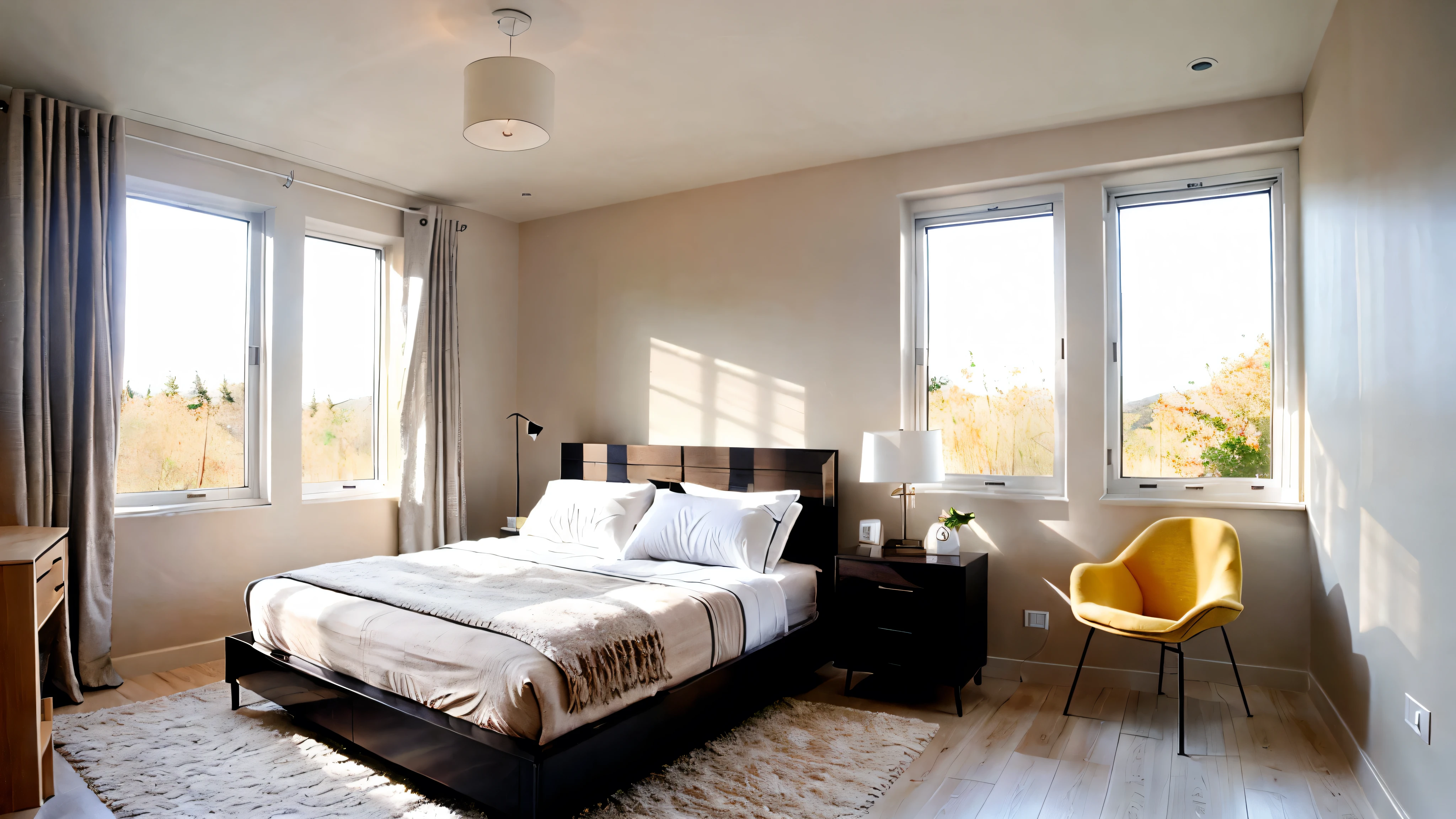 A minimalist bedroom with a soft color palette and natural light streaming in through the window