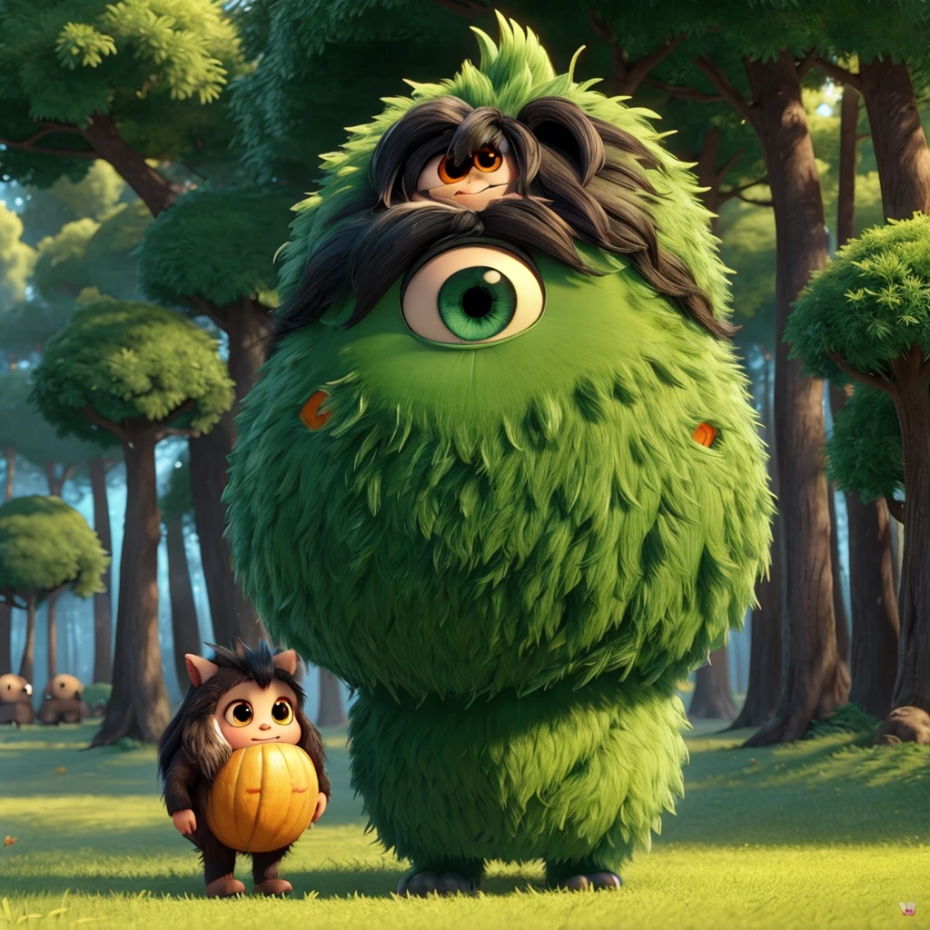 Adorable monster like movie "where monsters live" he is like a big round haircut ball, with not body, she have beautiful and big eyes black with green border, she have many long hair like raimbow color, walking in a fantasy forest, green, yellow and orange colors in ambient, she is between trees and long grass. Fantasy world style, dreamworks style, animation 3d, cartoon characters.