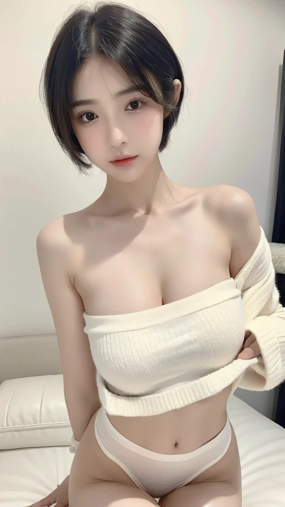 Beautiful woman with perfect body：1.4，Layered Hairstyle，Exposing the entire tender and huge breasts：1.2，Bandeau：1.5，Highly detailed face and skin textures，Narrow eyes，Double eyelids，Skin Whitening，Short hair details，Full body female love