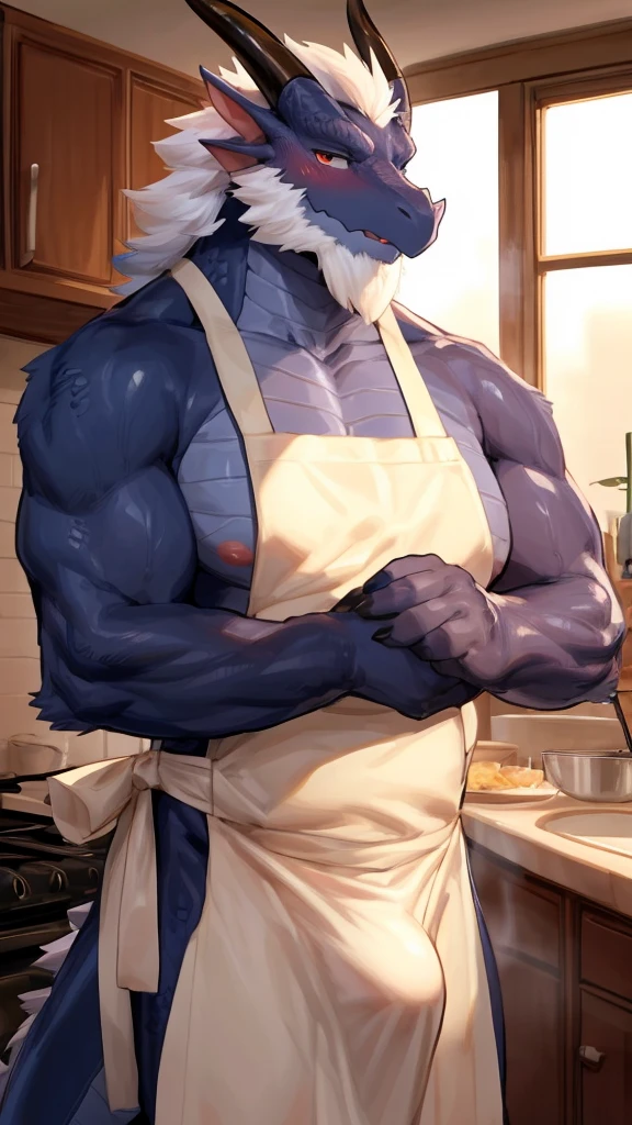 (Best quality: 1.0), (Super High Resolution: 1.0), (masterpiece, best quality:1.2), detailed, detailed hands, detailed eyes, score_9, score_8_up, score_7_up, furry, anthro, ((dragon)), ((solo)), grandpa, (about 70 years old), (manly), horns, handsome face, huge, bangs, white beard, beard above mouth, fluffly fur, nipples, looking pleasured, sexually, sexy pose, SFW, kitchen, (apron), nude, bulge, flaccid, in heat, panting, sweat, sweaty, musk, (skinny, shy), hands touching, (looking at viewer, shy), blushes:0.3, close up view, (by bebebebebe, by syuro)