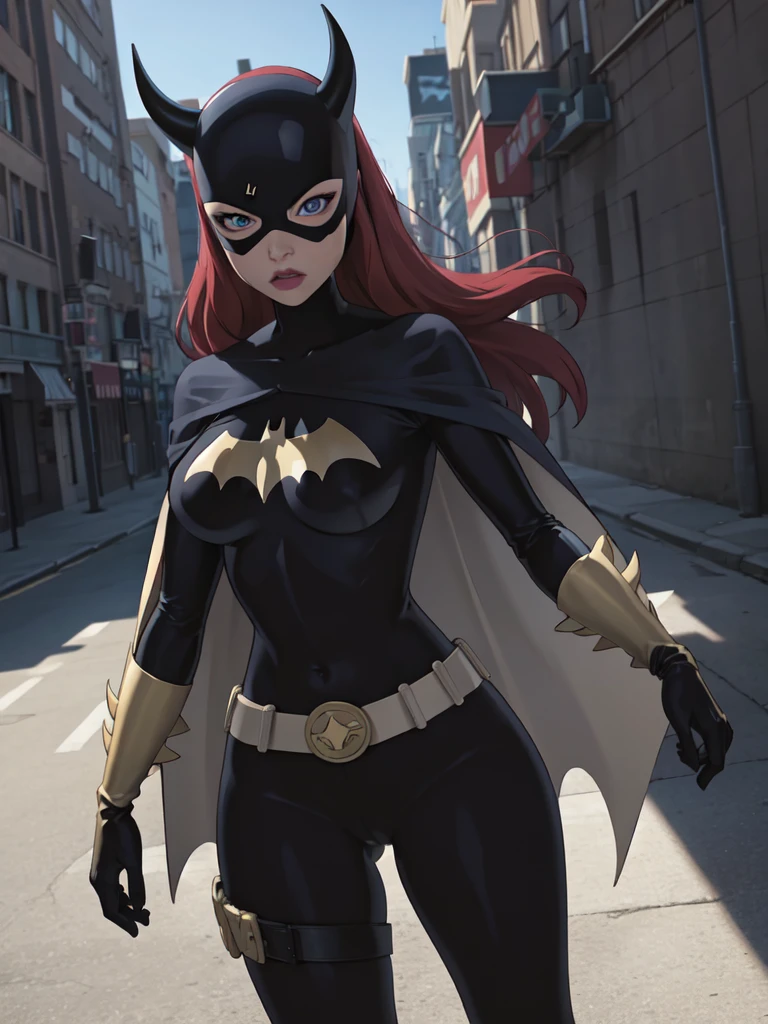 Tits, naked, pussy, masterpiece, best quality, 1girl, solo, highres, scenery,
CARTOON_batgirl_ownwaifu,www.ownwaifu.com,mask,long hair,blue eyes,body naked,breasts,cape,domino mask,belt,medium breasts,superhero,gloves,lips,black bodysuit,helmet,belt buckle,horns,bat_print,pouch,