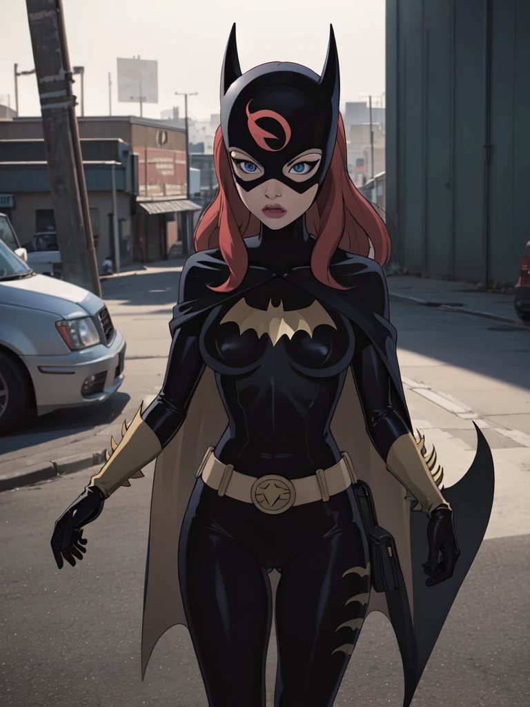 Tits, naked, pussy, masterpiece, best quality, 1girl, solo, highres, scenery,
CARTOON_batgirl_ownwaifu,www.ownwaifu.com,mask,long hair,blue eyes,body naked,breasts,cape,domino mask,belt,medium breasts,superhero,gloves,lips,black bodysuit,helmet,belt buckle,horns,bat_print,pouch,
