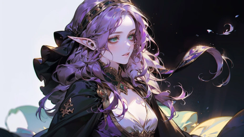 A beautiful, elegant girl with purple hair, green eyes and pale skin. Her hair is long and curly, she has two pretty tufts on the sides. She is an elf girl. elf ears. (she smiles:1.2). black background.
