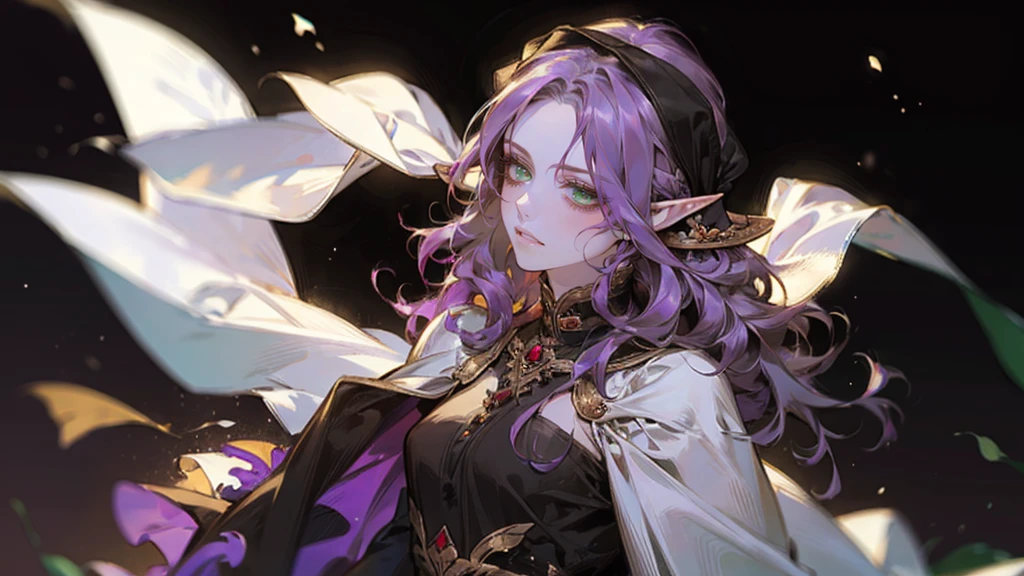 A beautiful, elegant girl with purple hair, green eyes and pale skin. Her hair is long and curly, she has two pretty tufts on the sides. She is an elf girl. elf ears. (she smiles:1.2). black background.