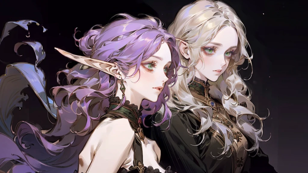 A beautiful, elegant girl with purple hair, green eyes and pale skin. Her hair is long and curly, she has two pretty tufts on the sides. She is an elf girl. elf ears. (she smiles:1.2). black background.