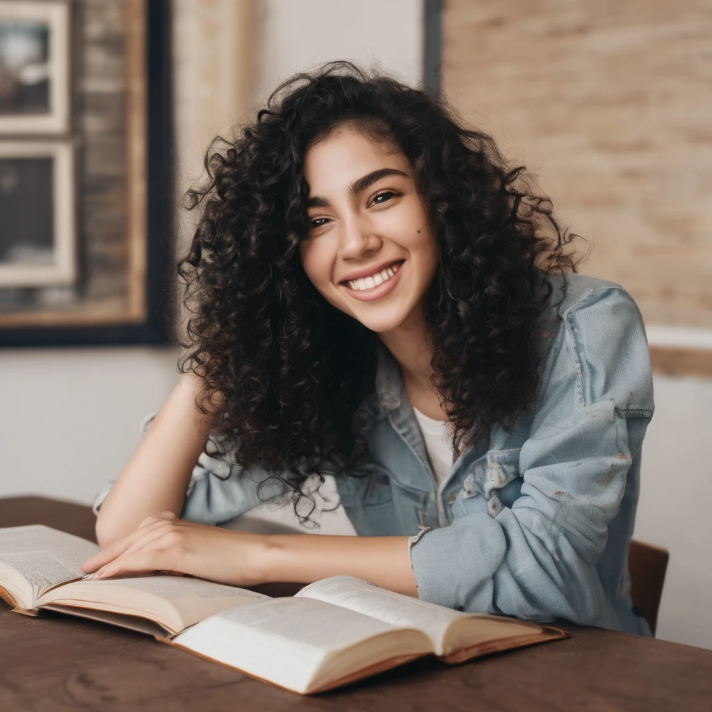 Close-up face of a young woman in her twenties with curly black hair, with a beautiful smile, wearing casual clothes, next to a closed book on a table