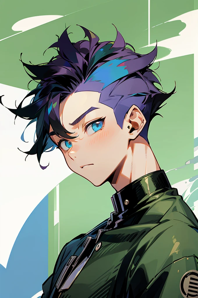 Ellion Quincy, man, young, with half shaved hair on the sides and short hair on top, guy with blue eyes, guy with black hair, Anime, Undercut hairstyle, green background
