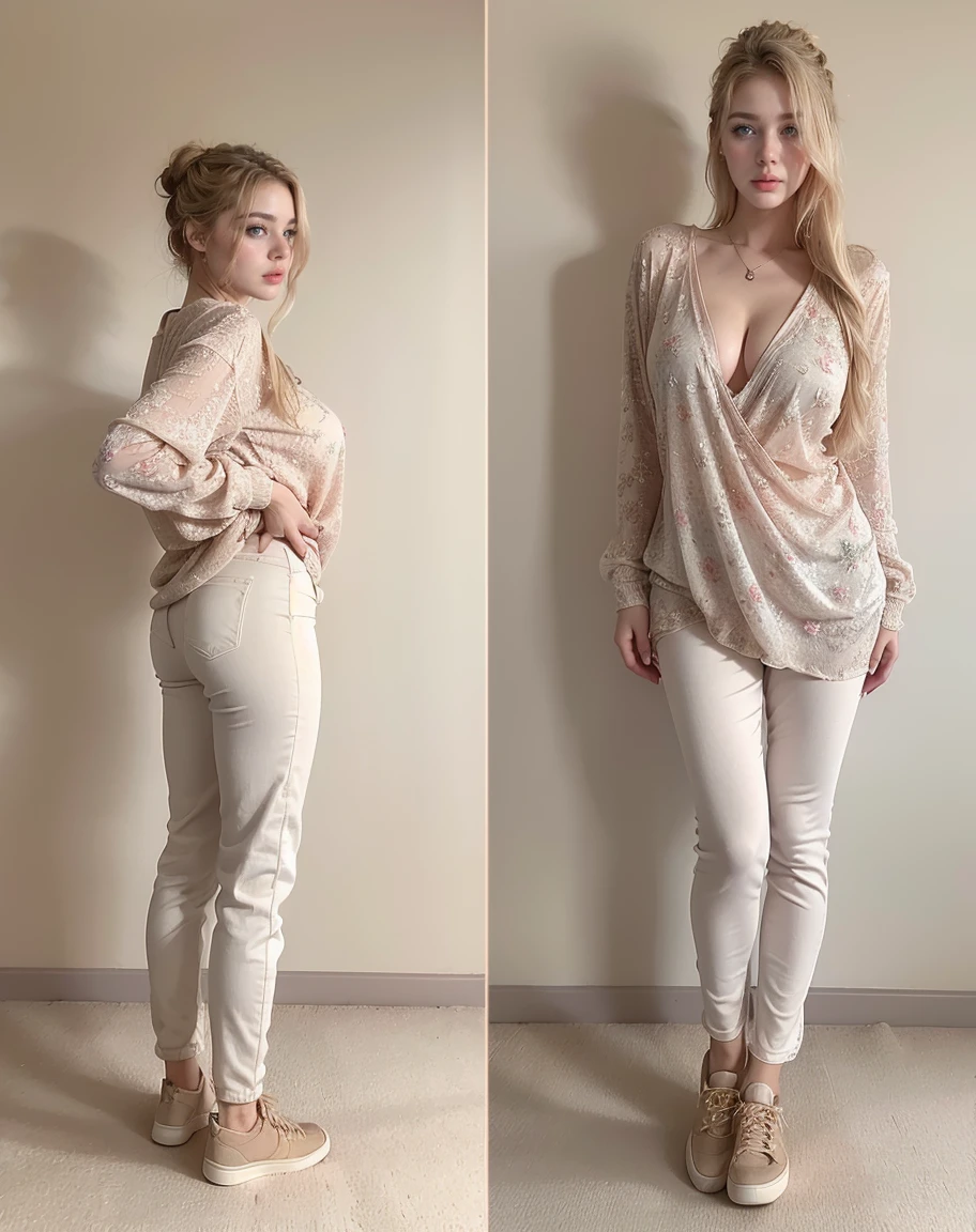 full-body-shot, entire body view, 1 french woman, blue eyes, blond hair and big eyes, high terrace, eyes, Violet Myers, ohne Makeup, natural makeup,, Face with Artgram, dezentes Makeup, Superb photo of full body, Fission, (beste-Qualit, 8k, 32K, Masterpiece, UHD:1.2), photo of a pretty tall Italian woman, Blond, ???????????, very short hair, , floral bedroom background, ???????????, big ???, Blond hair, bun very long hair, cleavage, rose gold, gold, chiffon transparent sweater, standing, pants legging, sneakers, Very long hair, tres far veil,amazing shot, colorized, full-shot, full-body, entire body view, full-body-shot