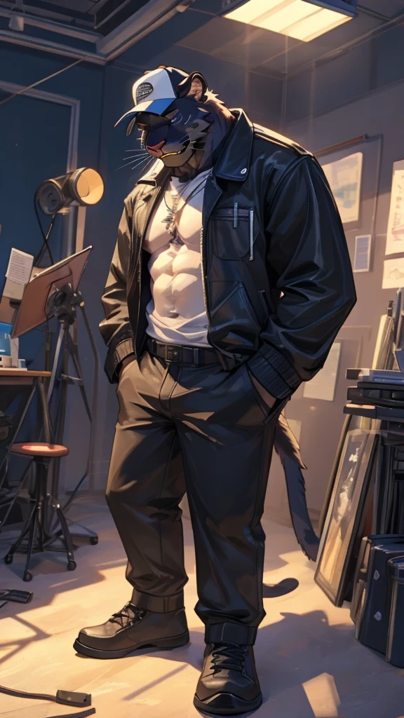 A male furry Panther is in the middle of a studio, exhausted from dance practice, wearing a cap and an open black jacket showing his chest.