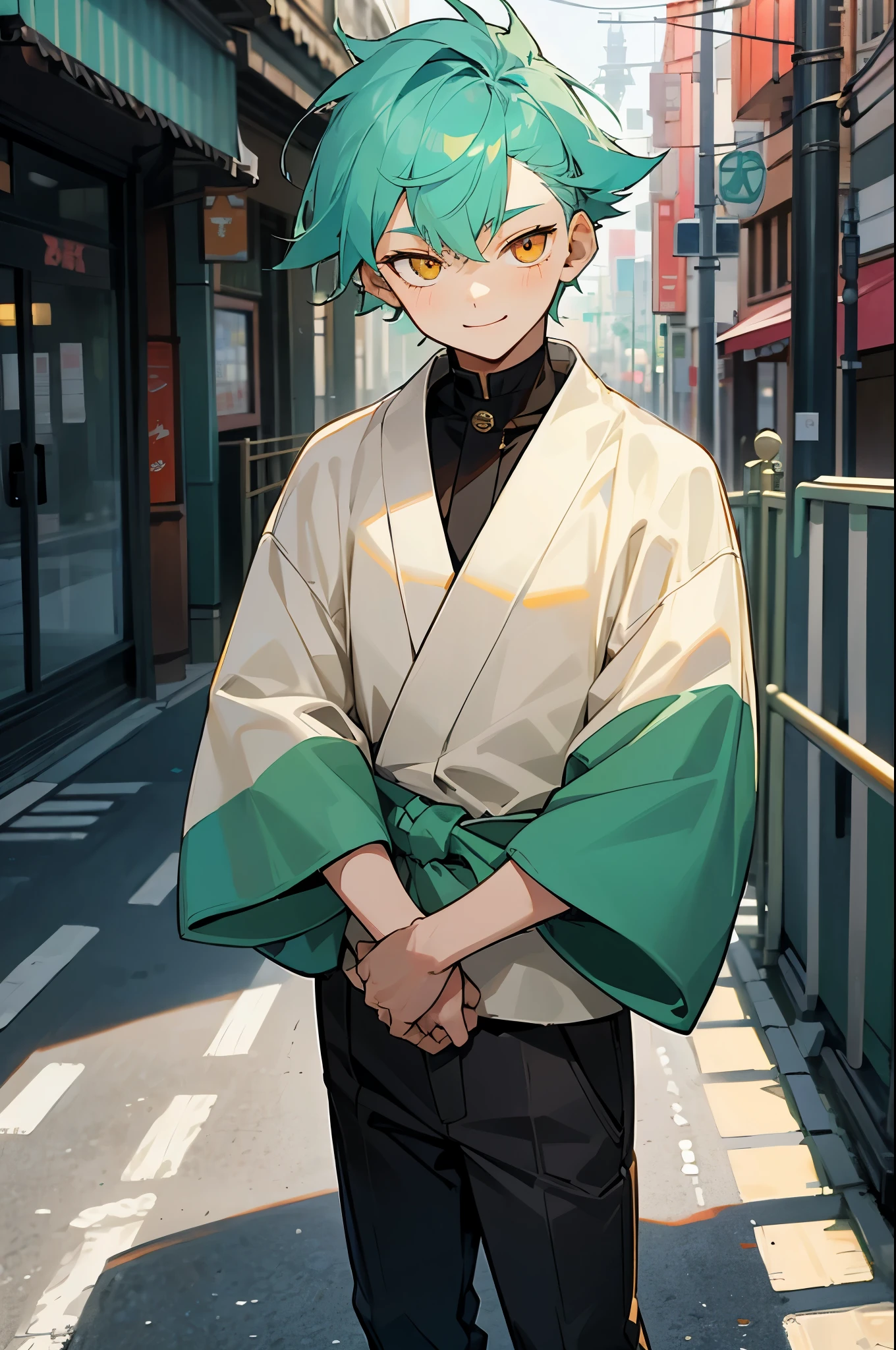 1 boy, Turquoise hair, orange eyes, casual cloth, handsome, kid, orange eye liner, smiling, standing in a beautiful street, Tokyo streets